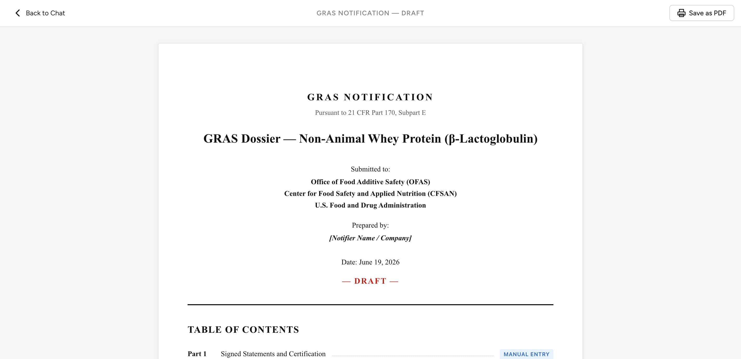 Generated GRAS notification draft with PDF export