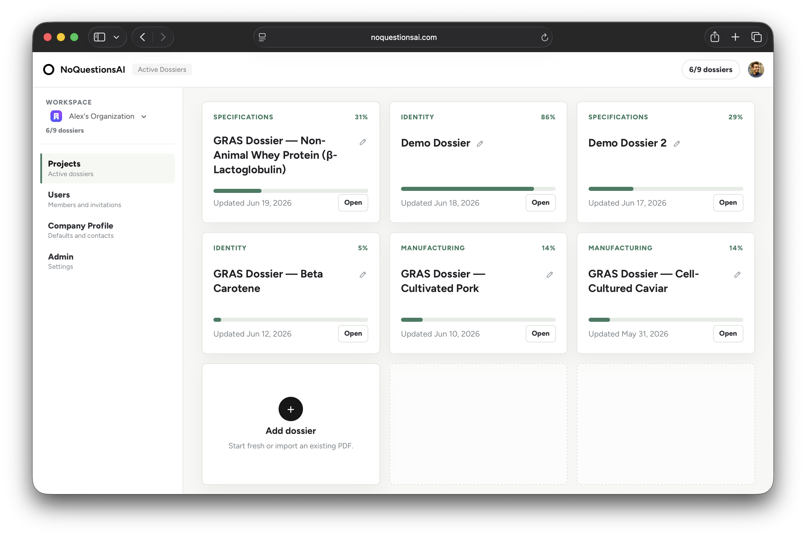 NoQuestionsAI workspace redesigned after user feedback to manage multiple dossiers and collaborators