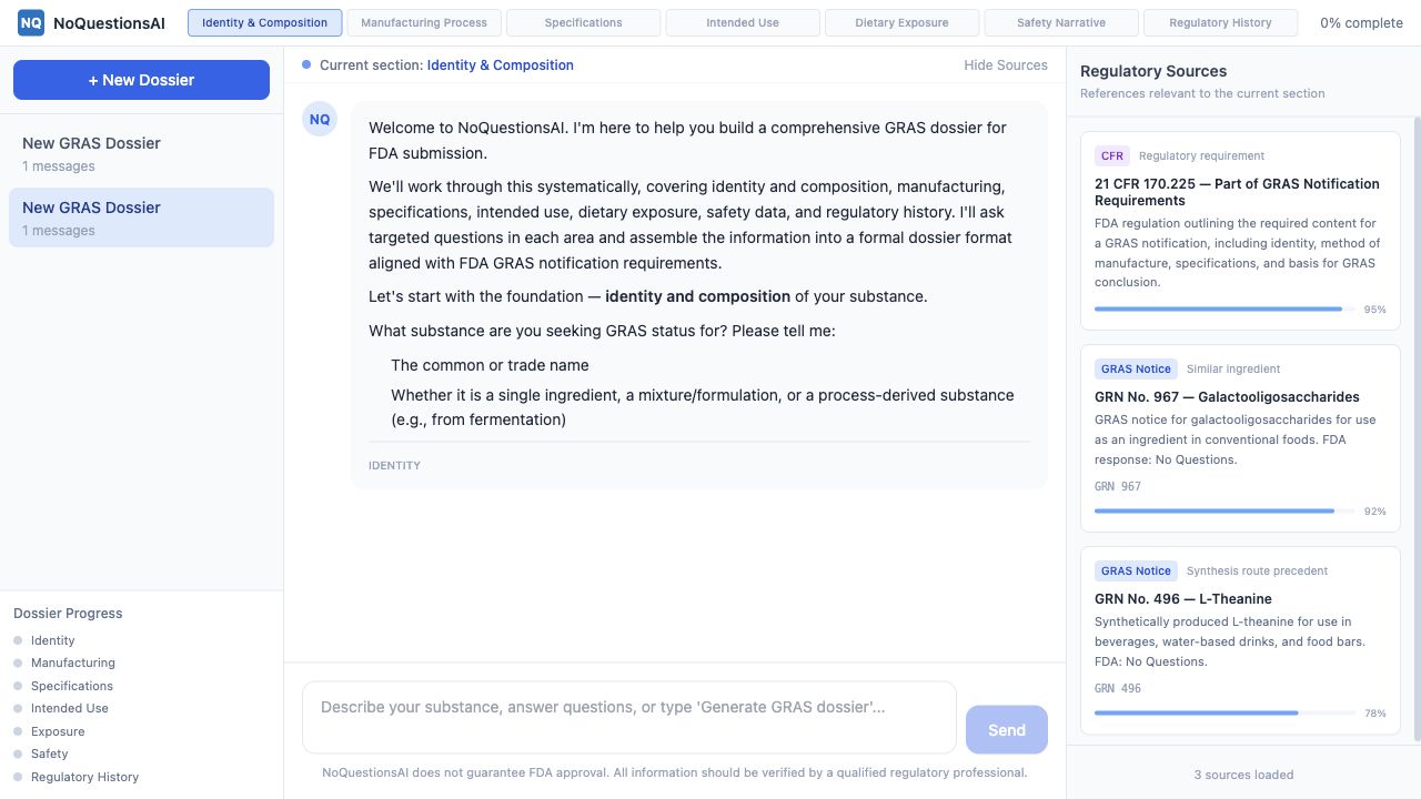 NoQuestionsAI GRAS dossier workspace